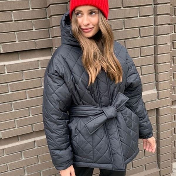 

womens down parkas cp casual loose arygle hooded parkas women fashion solid thick short coats women elegant tie belt cotton jackets female l, Black