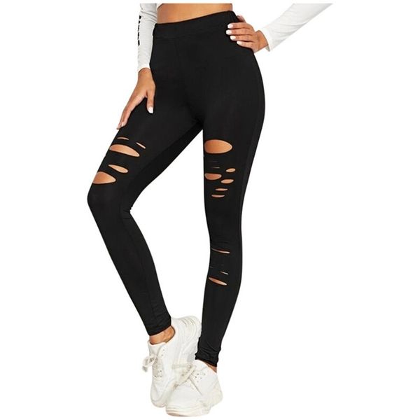 

women's leggings style ripped pencil pants women trousers stretch leggings fashion ankle length high waist leggins hole 220914, Black