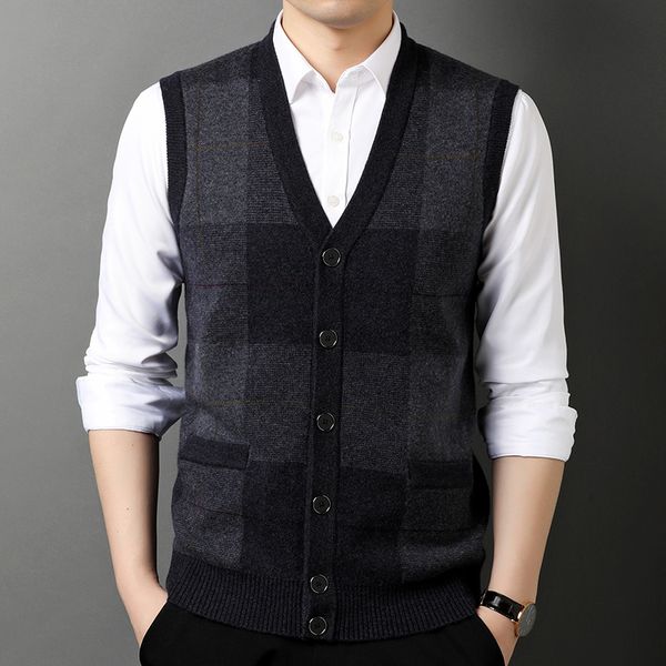 

men s sweaters woolen male v neck 100 pure wool vest coat autumn and winter plaid button cardigan 220914, White;black