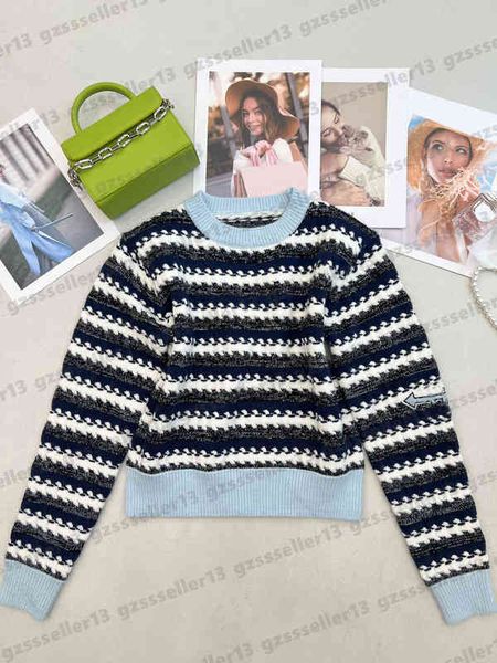 

designer women sweaters jumper simple logo embroidery crewneck wavy striped silver thread knit pullover womens sweater 0912, White;black