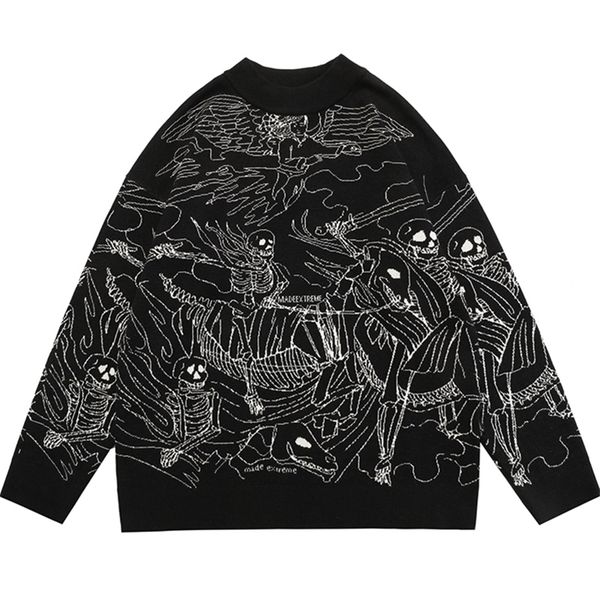 

women s knits tees vintage knitted sweater harajuku ukiyo e style skull graffiti pullover autumn streetwear men women cotton knitwear 220914, White