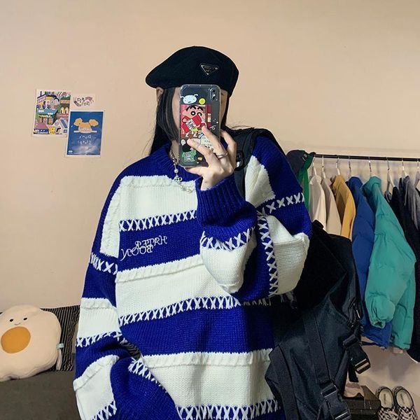 

men s sweater ripped blue early autumn korean chic retro ins loose striped o neck long sleeve knit women 220913, White;black