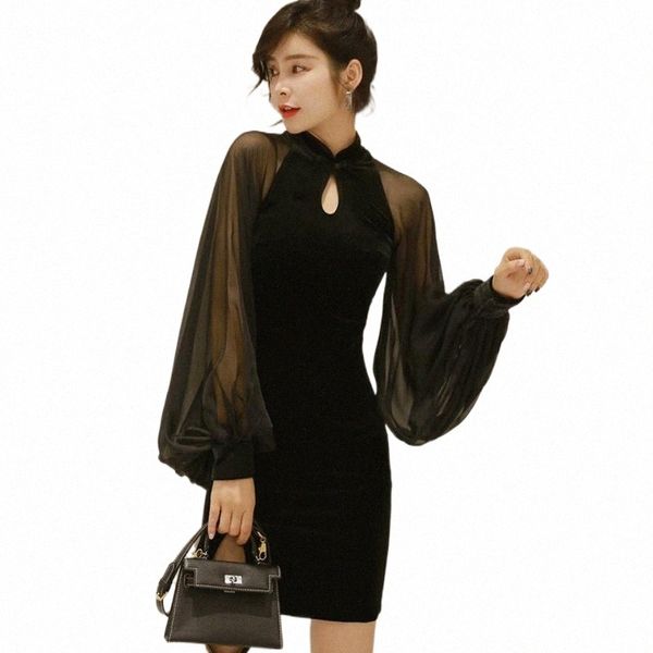 

casual dresses women mesh patchwork perspective mini dress lantern sleeve black velvet solid autumn plus size vestidos 49tm#, Black;gray