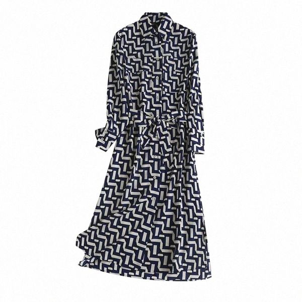 

casual dresses korean fashion geometric print for women 2021 elegant stylish stand collar office lady mid calf vestidos woman dress m2hk#, Black;gray