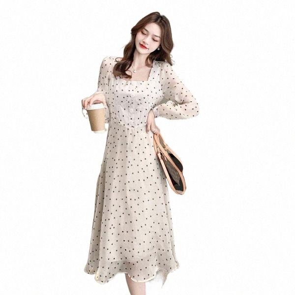 

casual dresses spring and autumn gentle polka dot long sleeve dress female socialite elegant chiffon waist pullover medium-length n6un#, Black;gray