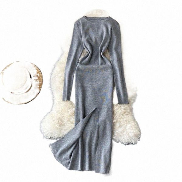 

casual dresses teeuiear slim split autumn bodycon knitted sweater midi long dress knit winter party women tunic elegant 81eq#, Black;gray