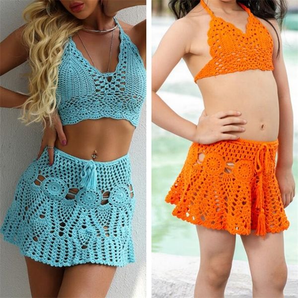 

family matching outfits crochet bikini family matching clothes mother daughter cover up swimsuit swim skirt swimwear bathing swimdress beach, Blue