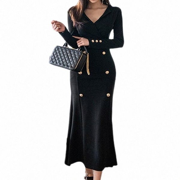 

casual dresses elegant double breasted mermaid dress women autumn sheath office wear black long occupation work bodycon vestidos p2v1#, Black;gray