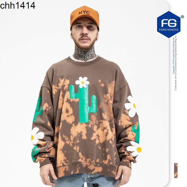 

autumn and winter new gaojiechao brand tie dyeing process cactus printing loose round neck sweater for men and women, White;black