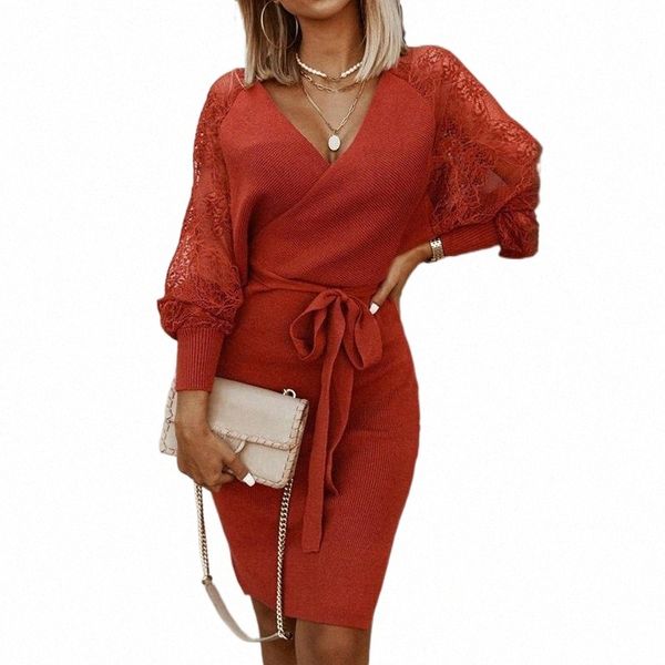 

casual dresses women autumn dress for streetwear patchwork hollow out design lace decor v-neck long sleeve backless low split bandage 05xa#, Black;gray