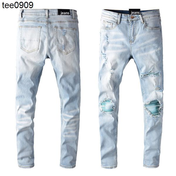 

645 fashion brand amirs light color hole patch jeans for young men, Blue