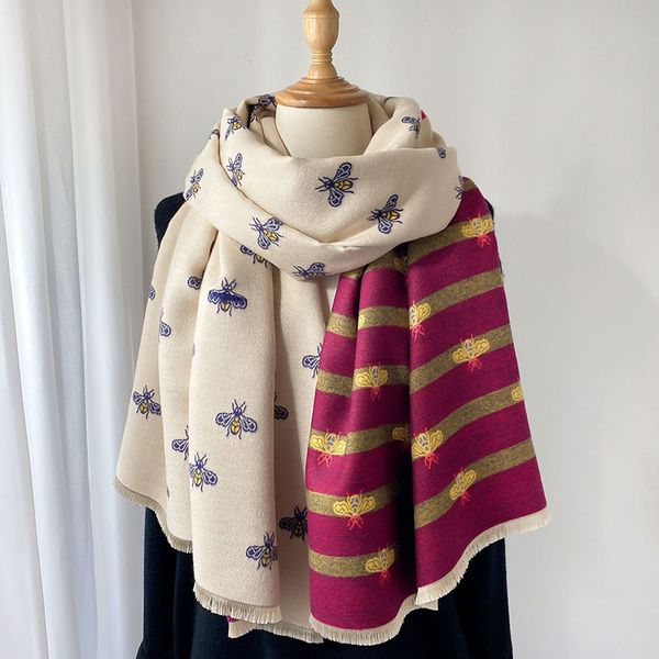 

scarves luxury brand double sided scarf women mrs winter warm cashmere shawl animal bee printing soft thin blanket holiday gifts l220914, Blue;gray