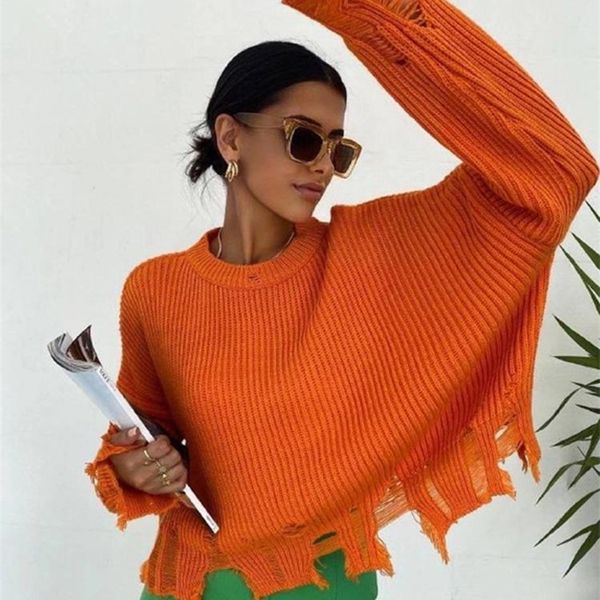 

women's knits tees tassel knit women sweater ripped hole hem autumn winter loose casual female pullover fashion o-neck long sleeve lady, White