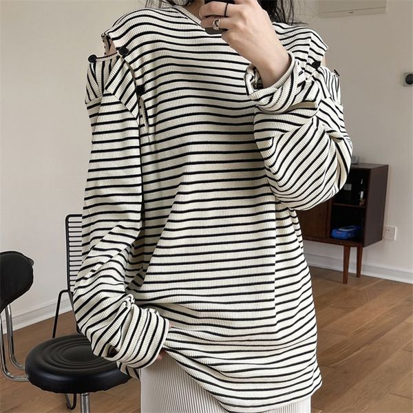 

women's knits tees spring and autumn women's casual striped sweatshirt round neck long-sleeved off-the-shoulder loose sweater 2209, White