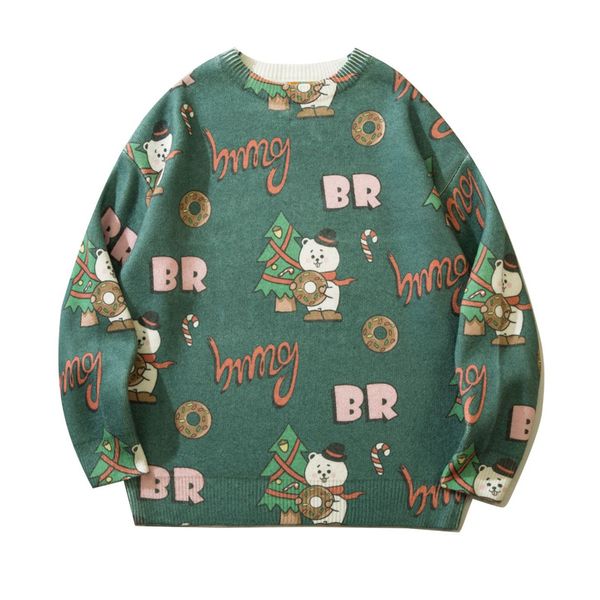 

men s sweaters japanese cartoon loose autumn winter christmas tree bear print round neck pullover couple fashion casual 220913, White;black