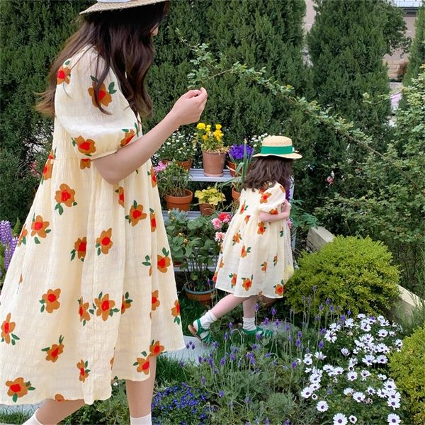 

family matching outfits mon and me summer dress korean style mother daughter matching short sleeve cotton floral dresses women baby girl clo, Blue