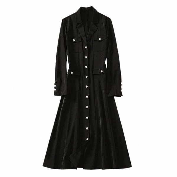 

casual dresses white buttons black trench dress notched collar flap pockets long sleeved a-line midi plus size drop g2hn#, Black;gray