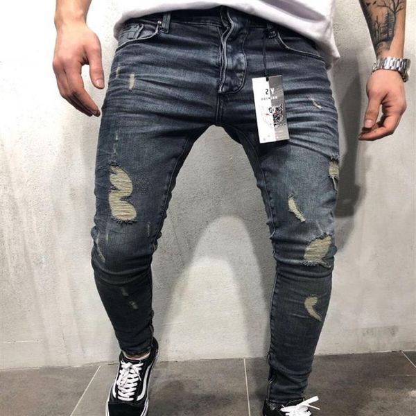 

men's jeans mens cool designer pencil skinny ripped destroyed stretch slim fit hop pants with holes for men267g, Blue