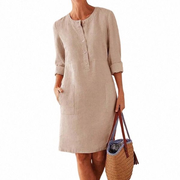 

casual dresses long sleeve o-neck cotton and linen summer dress women solid pocket elegant street mid-length loose oversized 34ph#, Black;gray