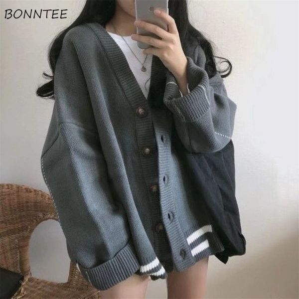 

women's knits tees cardigan women autumn vintage loose v-neck all-match knitted sweater chic patchwork warm outerwear soft simple fashi, White