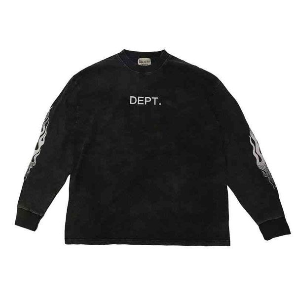 

designer fashion 2023 multi cotton t shirt galery deps flame print loose long sleeve t-shirt street trend hip hop ins pure cotton round neck, Black
