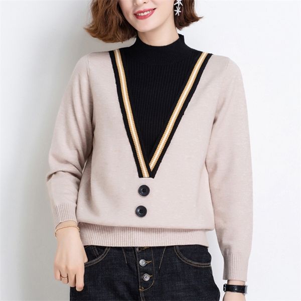 

women's knits tees fake two-piece women sweater autumn winter half high collar long sleeve pullovers femme knitted loose sweater mujer, White