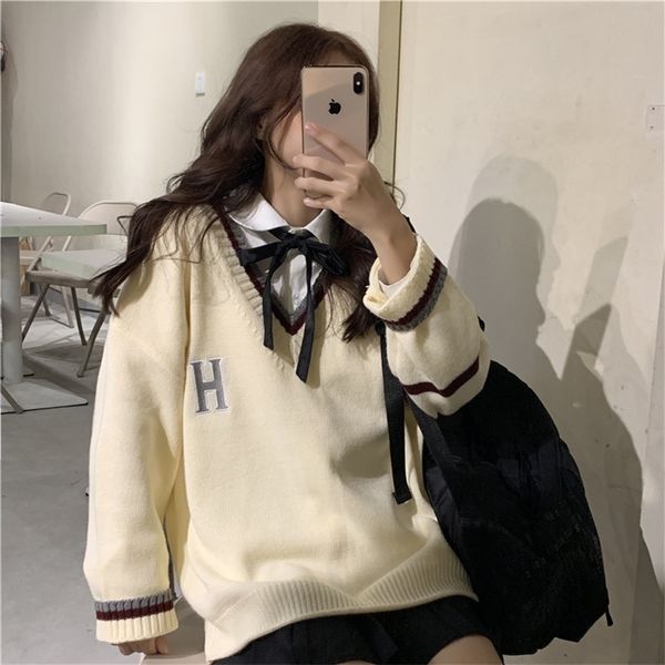 

women's knits tees japanese school uniform preppy style sweater women autumn korean fashion loose simple v-neck casual school sweater 2, White