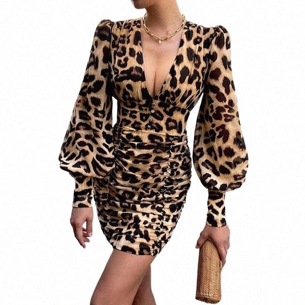 

casual dresses women robe femme spring autumn leopard print pencil shrinkage deep v long lantern sleeve slim hips mini dress for woman n8jl#, Black;gray