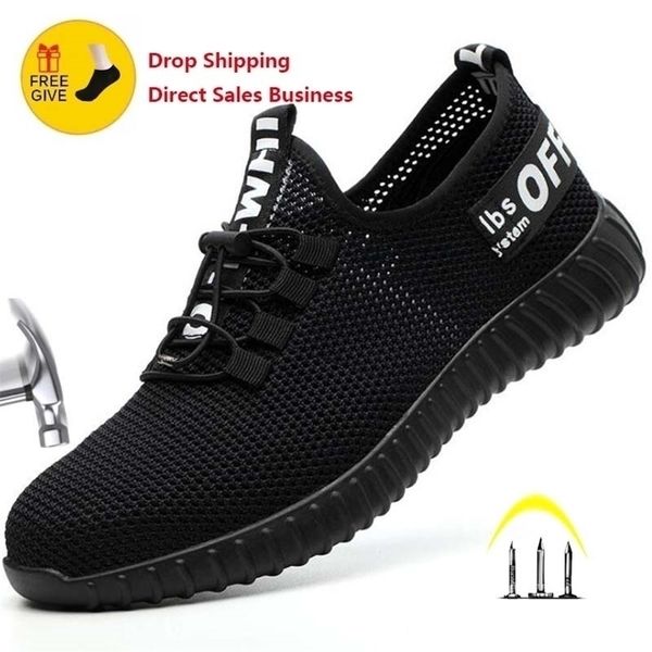 

boots safety shoes for men summer breathable work lightweight antismashing male construction mesh sneakers 220913, Black