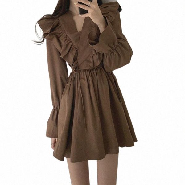 

casual dresses ruffled chic v-neck termperament mild simple solid dress all-match outgoing dating outwear basic 2021 spring p0hz#, Black;gray