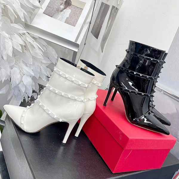 

stiletto ankle boots stud buckle embellished quality shoes designers 11cm high heeled boot, Black