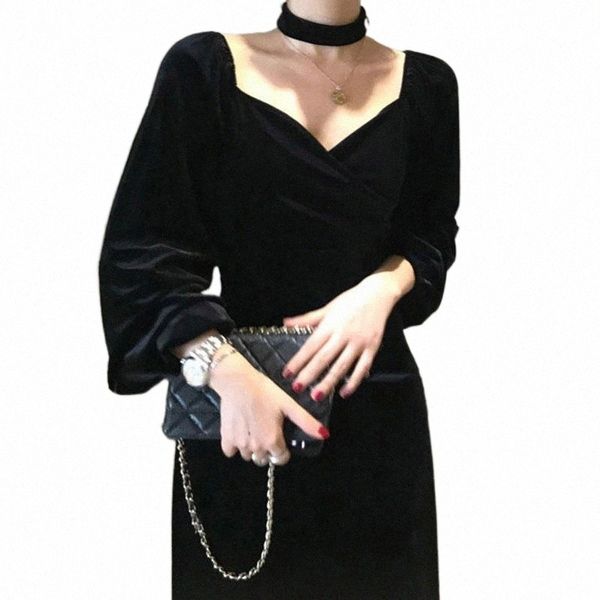 

casual dresses korean chic v-neck slim fit dress autumn elegant soft femme vestidos high waist black women l9yz#, Black;gray