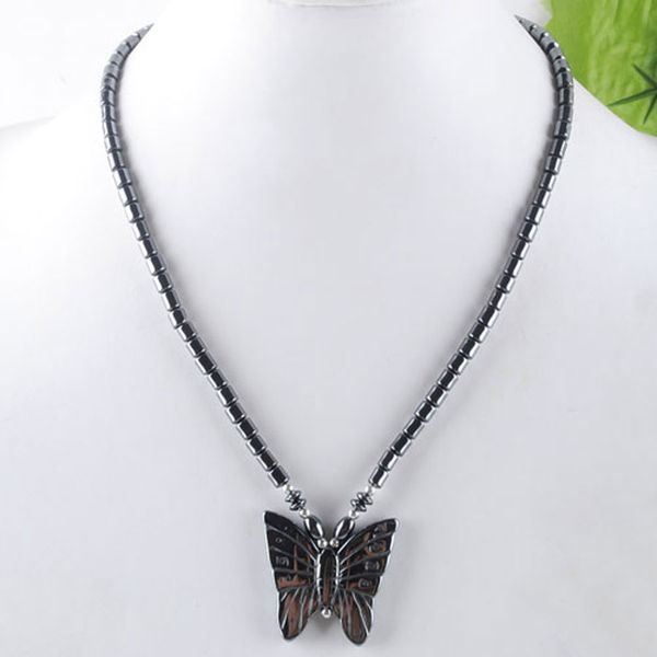 

natural hematite butterfly pendant necklace black non magnetic healing stone beads for women fashion jewelry 45cm length f3034, Silver