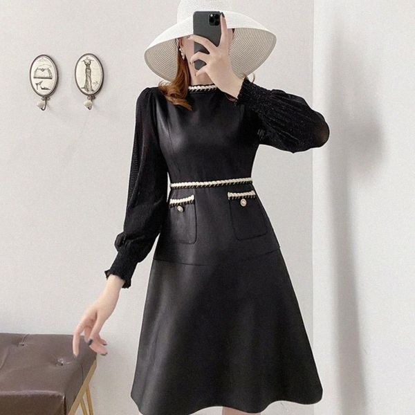 

casual dresses 2021 spring autumn o-neck puff sleeve women dress elegant sweet elastic waist lady leather black qx883 h5j9#, Black;gray