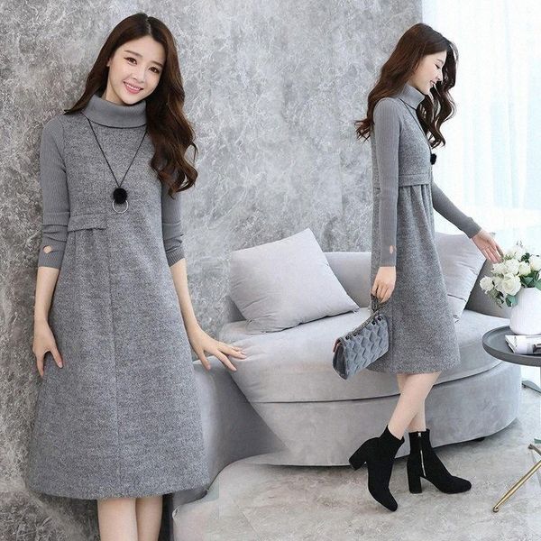 

casual dresses plus size autumn winter women dress stand collar slim knitted patchwork woolen blends for larger one-piece e64f#, Black;gray