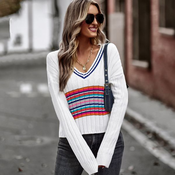 

women s sweaters autumn and winter stitched v neck temperament slim fit blouse pullover fashion 220914, White;black