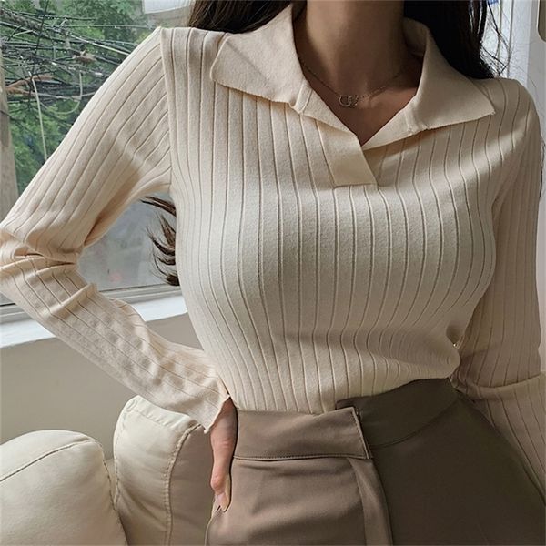 

women s knits tees korean style turn down collar women sweater female long sleeve casual pullover knitted sweaters fall clothes sueter femin, White