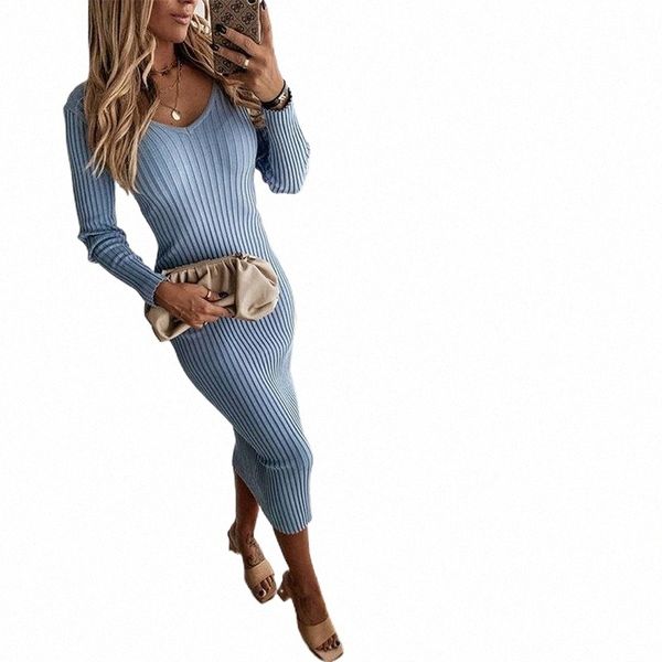 

casual dresses women sweater dress autumn multi colors knitted long bodycon party female deep v-neck sleeve vestidos t4ap#, Black;gray