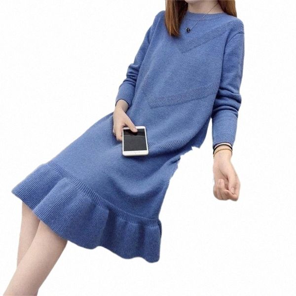 

casual dresses autumn winter fashion big size women o-neck knitted dress elegant lady knitting sweater pullovers bottomings wz901 r0s8#, Black;gray