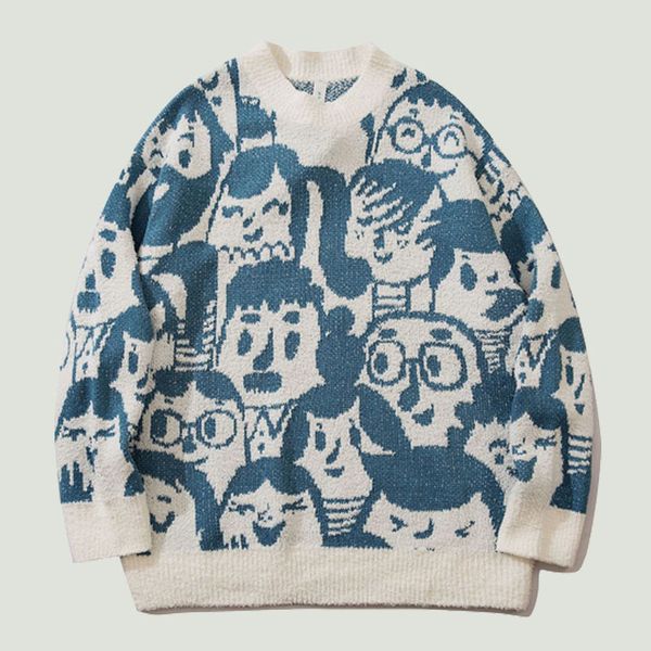 

men s sweaters knitted jumper funny cartoon character printed streetwear hip hop harajuku casual loose pullovers 220913, White;black