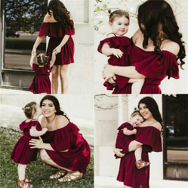 

family matching outfits nashakaite summer mom and daughter dress ruffles off shoulder red wine dresses for mother daughter mum and daughter, Blue