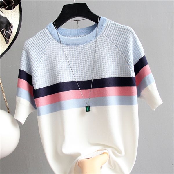 

women's knits tees knit plaid summer short sleeve striped pullover women sweater knitted sweaters korean fashion pull femme jumper fem, White