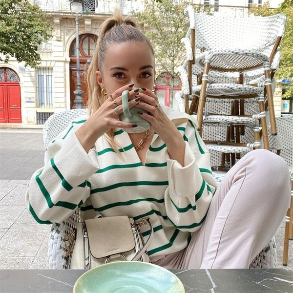 

women's knits tees ladies fashion brand turn down collar green striped casual loose knitted sweater women pullover chic side split fem, White