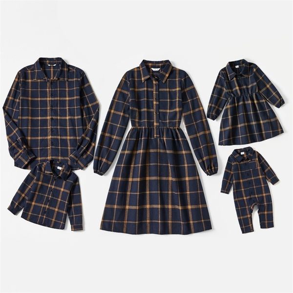 

family matching outfits family matching outfits plaid lapel long-sleeve mother and daughter dresses father and son shirts baby romper family, Blue
