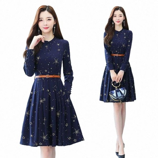 

casual dresses coigarsam women dress autumn 2022 office lady print long sleeve stand neck design and color robe vestidos r2gu#, Black;gray