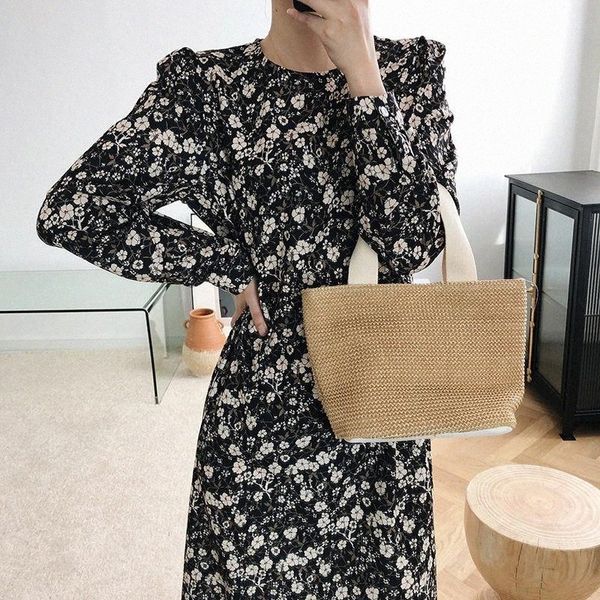 

casual dresses 2021 spring women vintage floral printed long dress o neck high waist puff sleeve chiffon streetwear black khaki maxi m2j1#, Black;gray