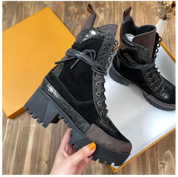 

with box- luxury womens designer boots ankle martin boot platform shoes winter leather lace-up size 35-42 11 color, Black
