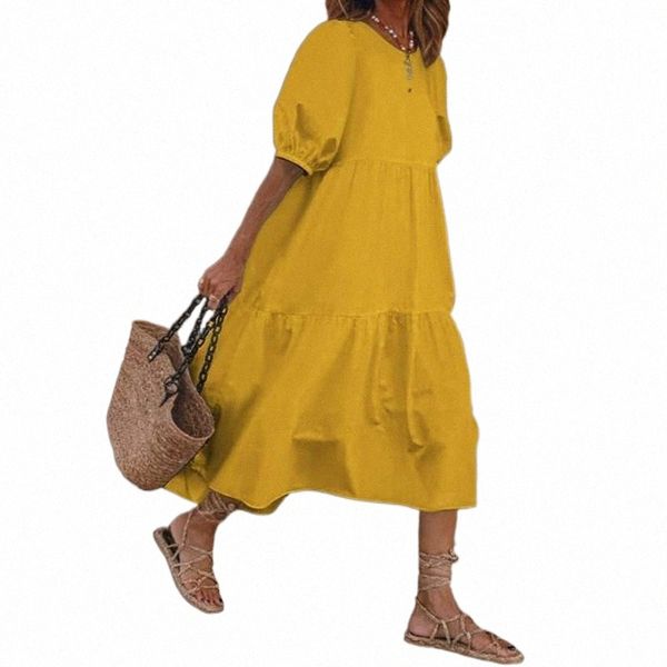 

casual dresses for women 2021 solid color o neck ruffled short sleeve large hem a line midi dress summer clothes k5qc#, Black;gray