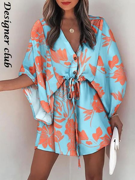 

casual boho mini dress women summer print lace up button batwing sleeve dresses female loose beach vacation robe, White