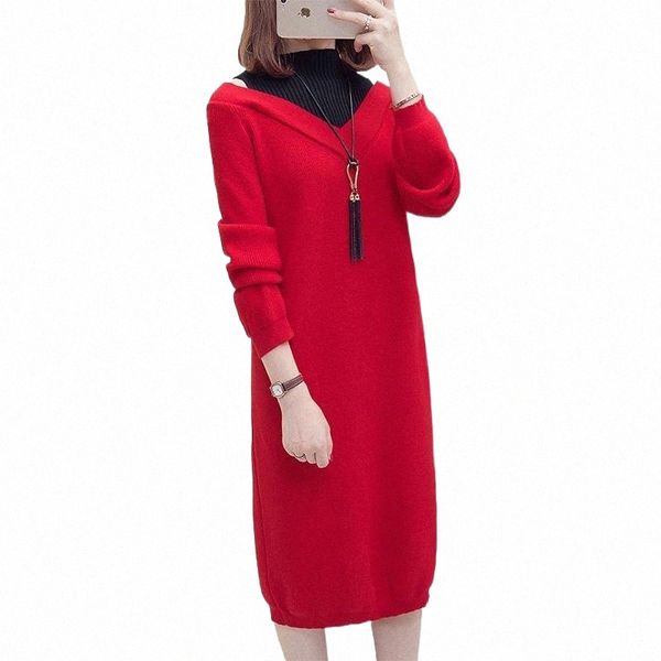 

casual dresses autumn winter knit sweater dress women fashion mid-length red ladies fake two vestidos pullover dresss t370 f3tz#, Black;gray